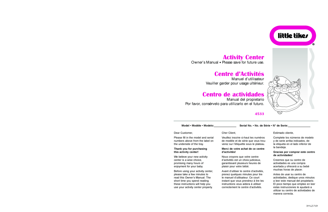 Little Tikes 4533 manual Activity Center, Centre d’Activités, Centro de actividades, Manual del propietario 