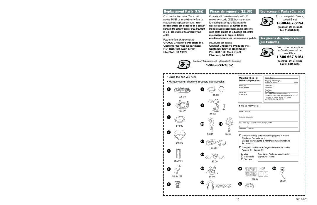 Little Tikes 662LZ-7-01 manual Replacement Parts USA, Piezas de repuesto EE.UU, Replacement Parts Canada, Montreal Fax 