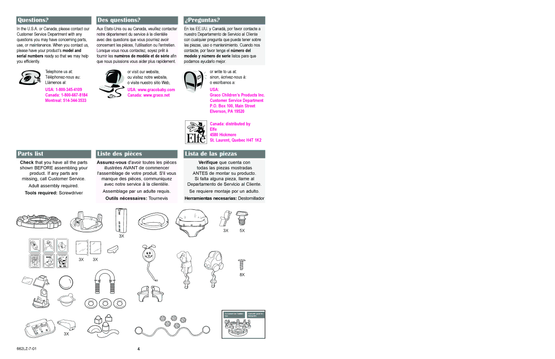 Little Tikes 662LZ-7-01 manual Questions?, Des questions?, ¿Preguntas?, Parts list Liste des pièces Lista de las piezas 