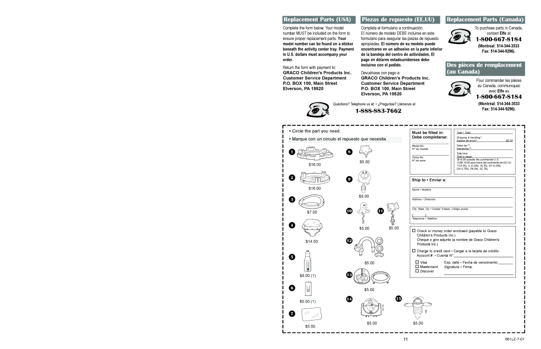 Little Tikes Baby Gym manual Replacement Parts USA, Piezas de repuesto EE.UU, Replacement Parts Canada 