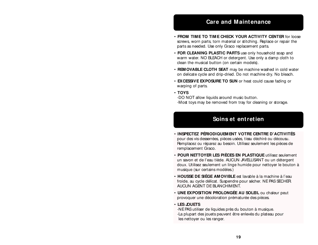 Little Tikes ISPE002AA manual Care and Maintenance, Soins et entretien, Toys, LES Jouets 