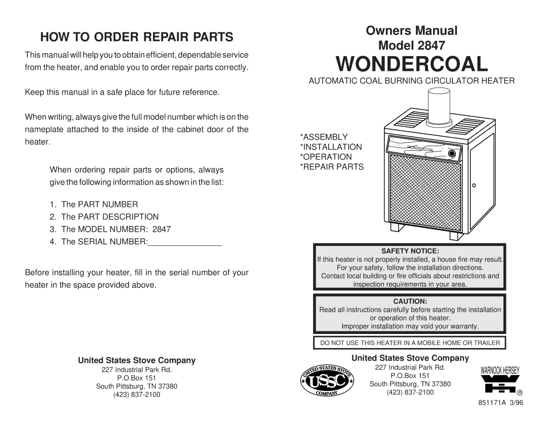 Little Wonder 2847 owner manual HOW to Order Repair Parts, Safety Notice 