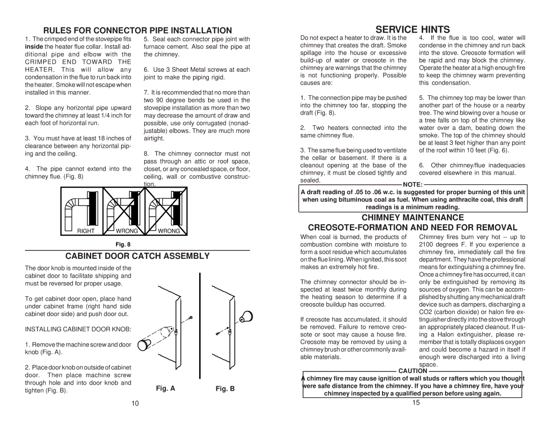 Little Wonder 2847 owner manual Service Hints, Rules for Connector Pipe Installation, Cabinet Door Catch Assembly 