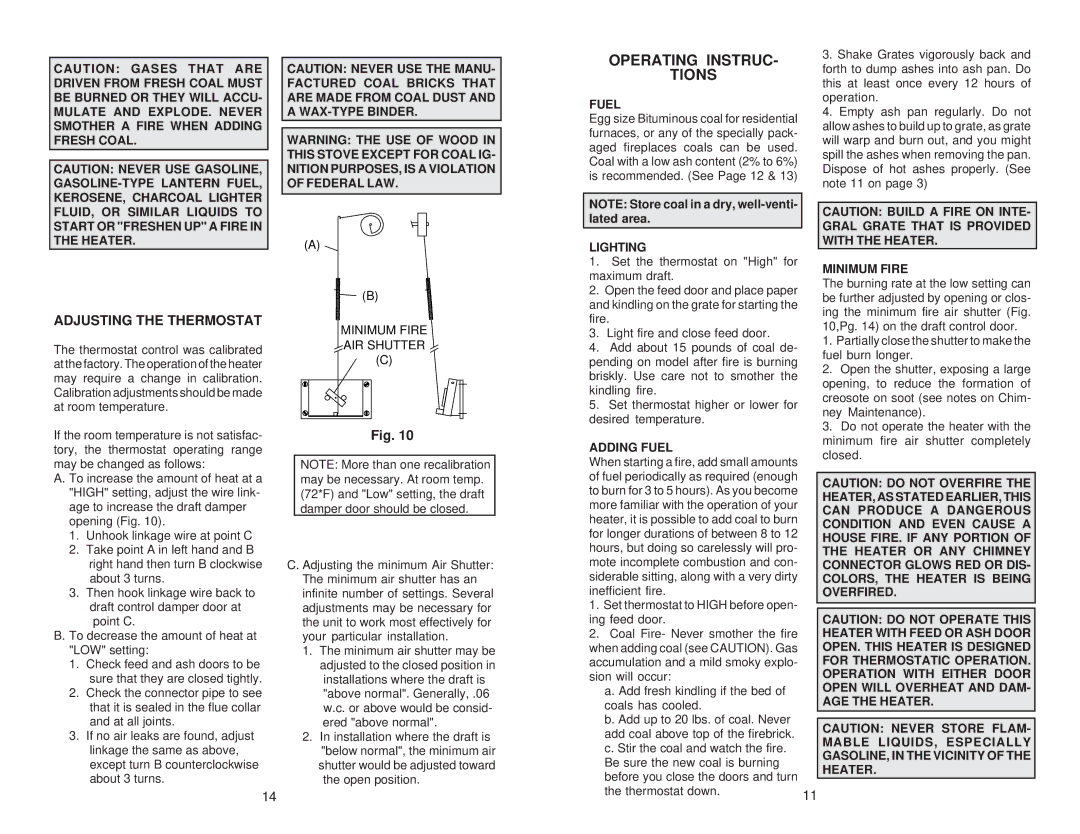 Little Wonder 2847 owner manual Operating Instruc Tions, Adjusting the Thermostat 