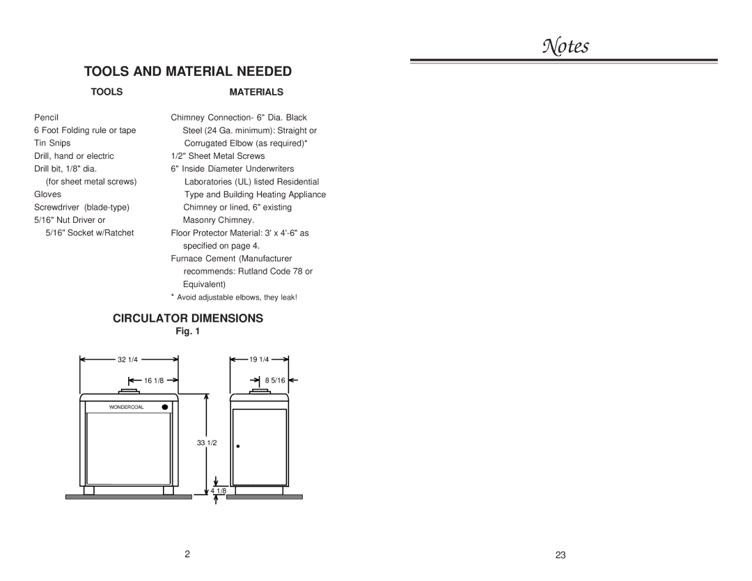 Little Wonder 2847 owner manual Tools and Material Needed, Circulator Dimensions, Tools Materials 