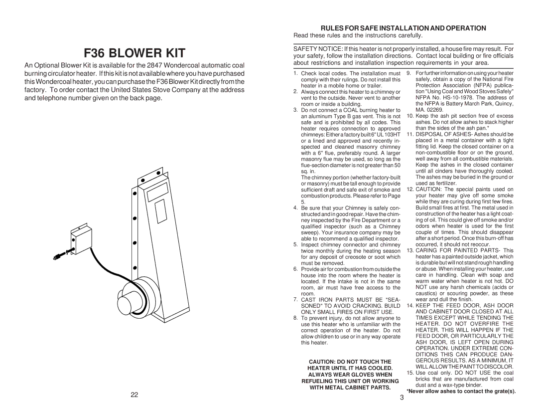 Little Wonder 2847 owner manual F36 Blower KIT, Rules for Safe Installation and Operation 