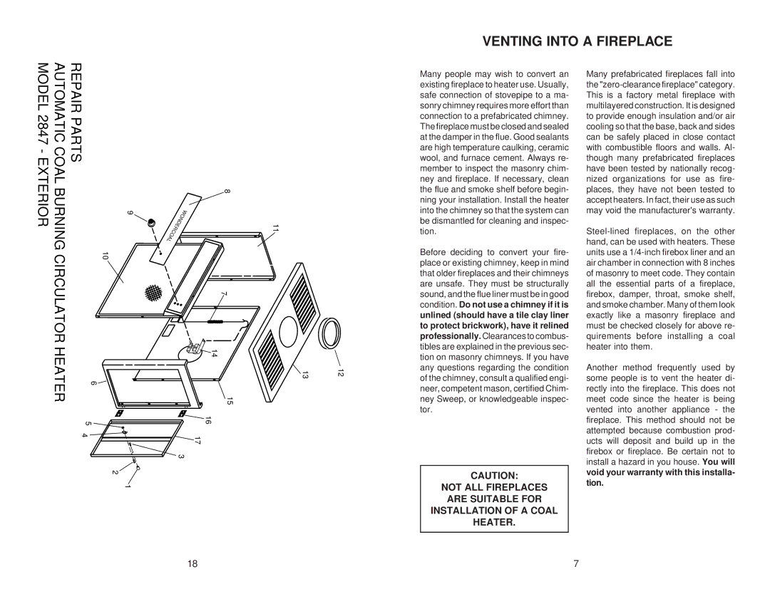 Little Wonder 2847 owner manual Venting Into a Fireplace, Circulator Heater 