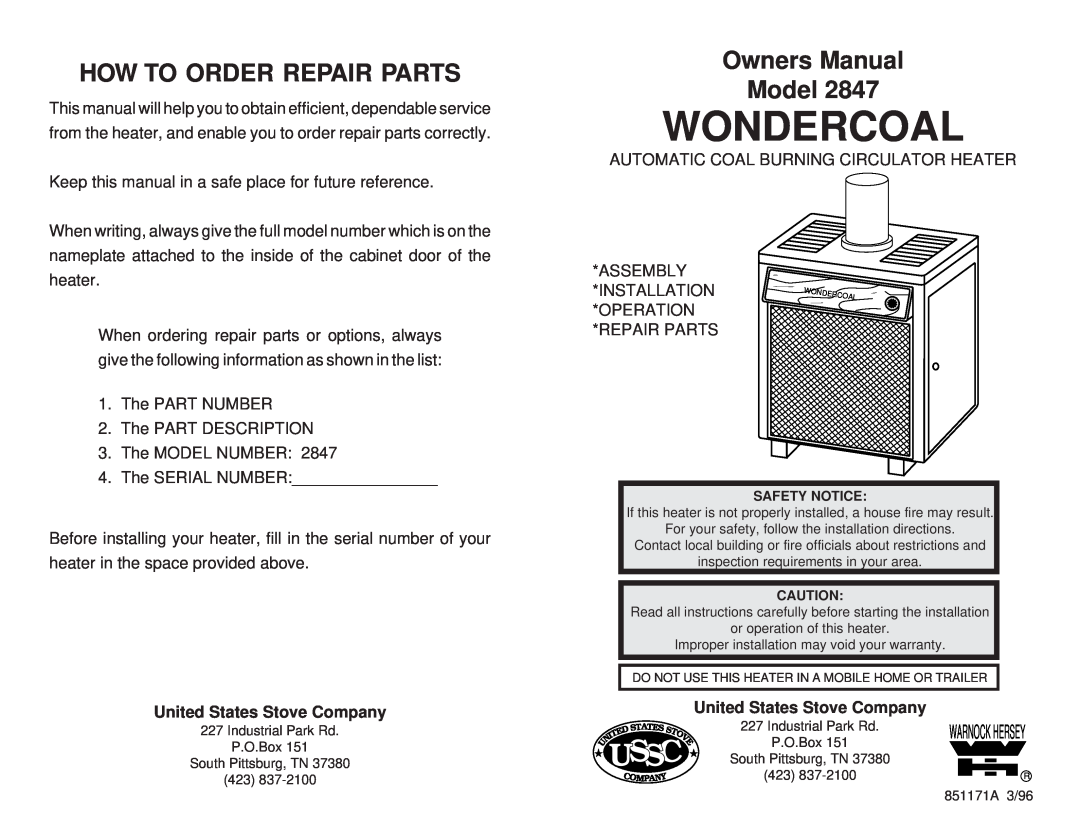 Little Wonder 2847 owner manual How To Order Repair Parts, United States Stove Company, Wondercoal, Ussc 