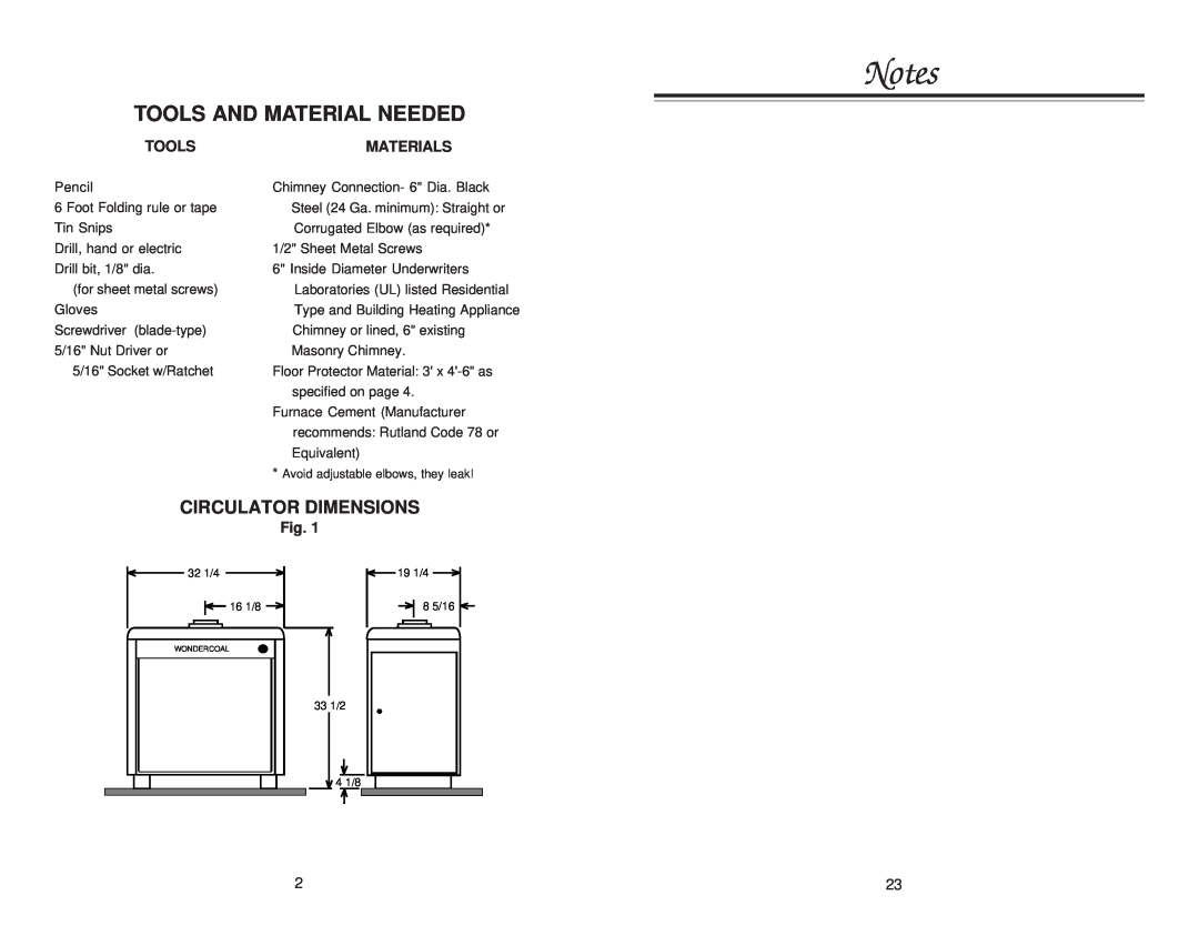 Little Wonder 2847 owner manual Tools And Material Needed, Circulator Dimensions, Materials 