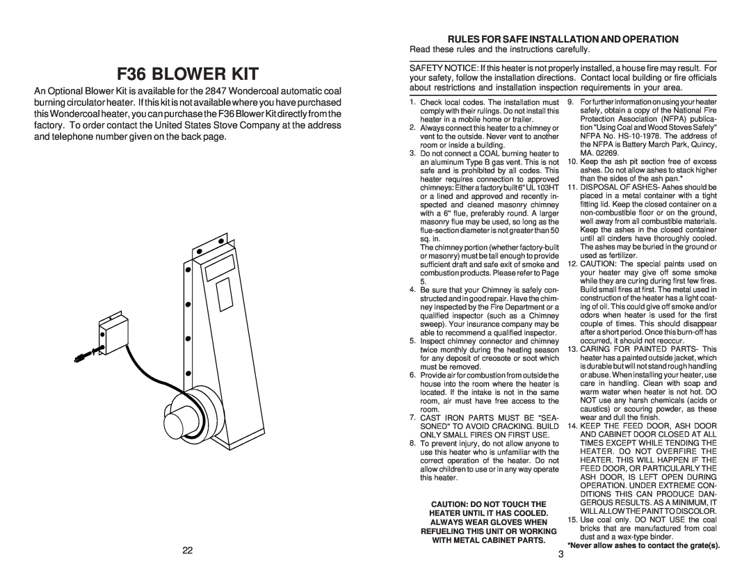 Little Wonder 2847 F36 BLOWER KIT, Rules For Safe Installation And Operation, Never allow ashes to contact the grates 