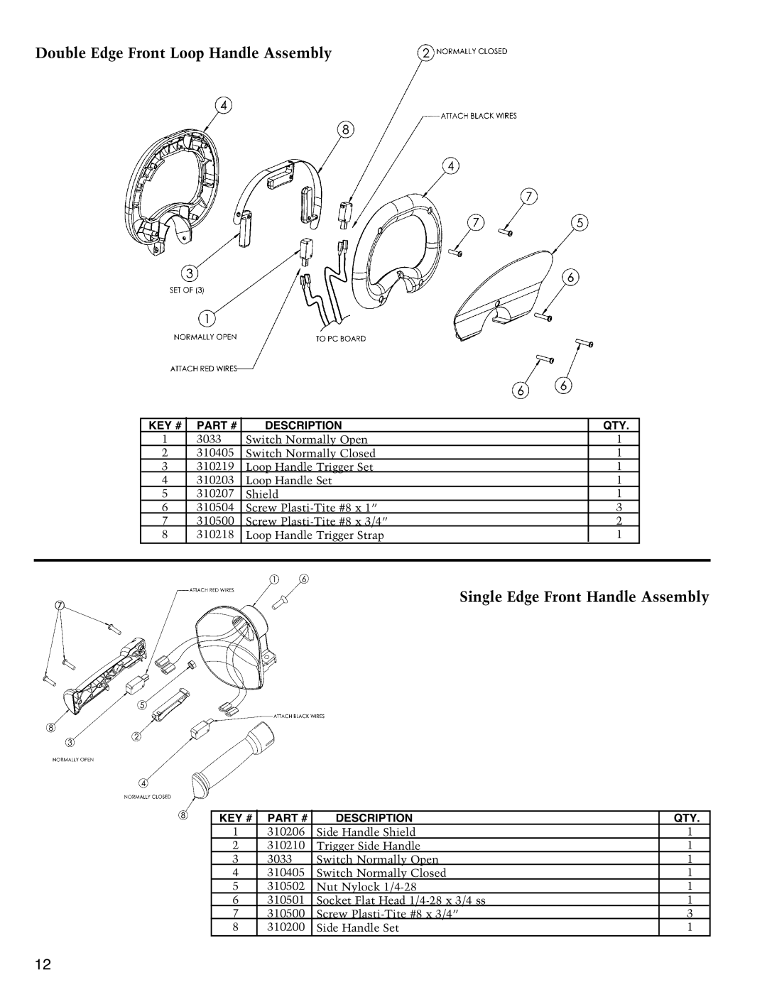 Little Wonder 3022, 3010, 2410 Double Edge Front Loop Handle Assembly, Single Edge Front Handle Assembly, KEY # Description 