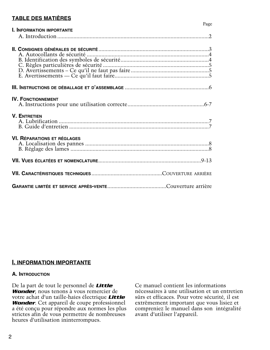 Little Wonder 1920, 3022, 3010, 2410, 2420, 3020, 2412 Table DES Matières, Iv. F, Couverture arrière, Information Importante 