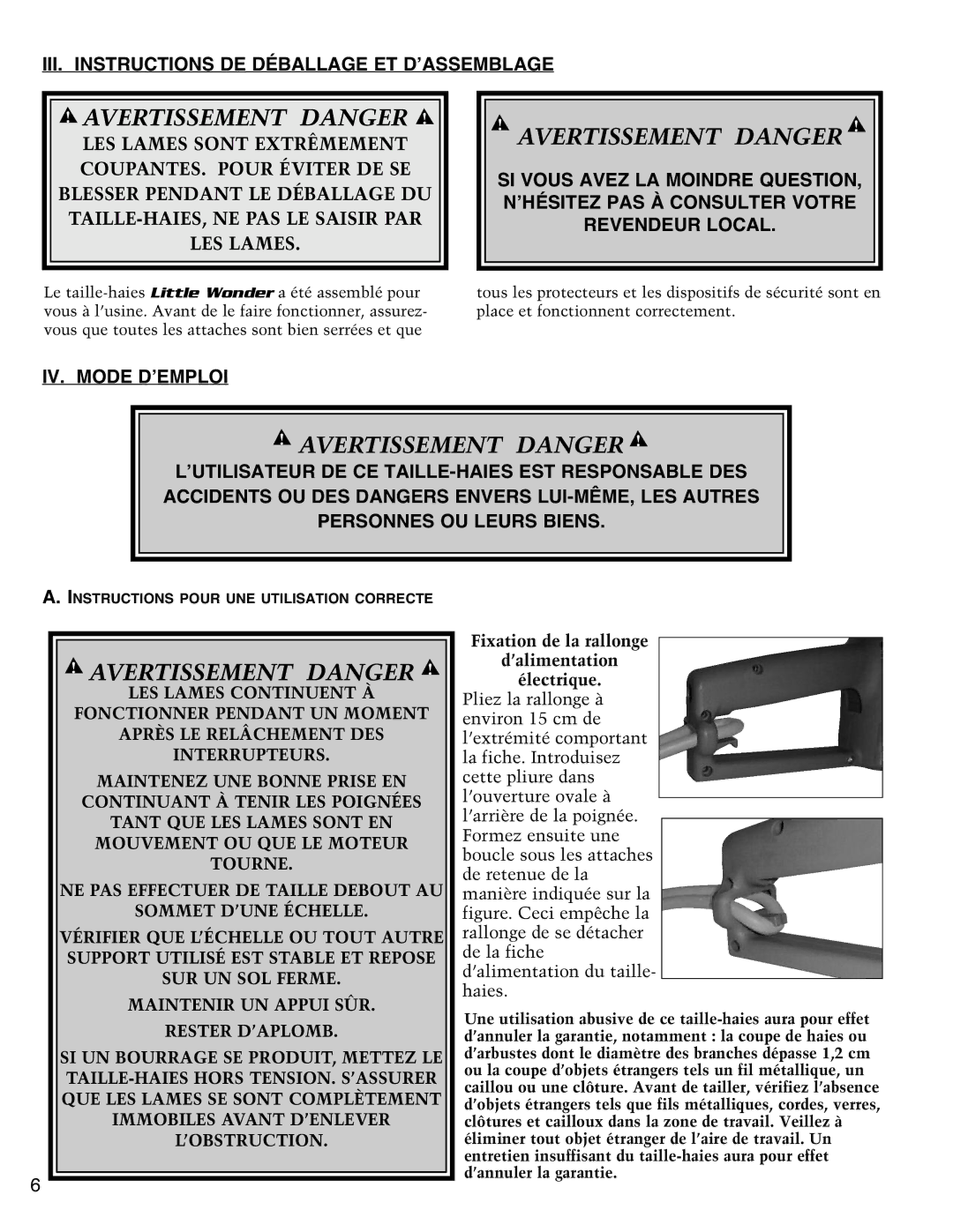 Little Wonder 1910, 3022, 3010, 2410, 2420, 1920, 3020, 2412 Avertissement Danger, Instructions Pour UNE Utilisation Correcte 