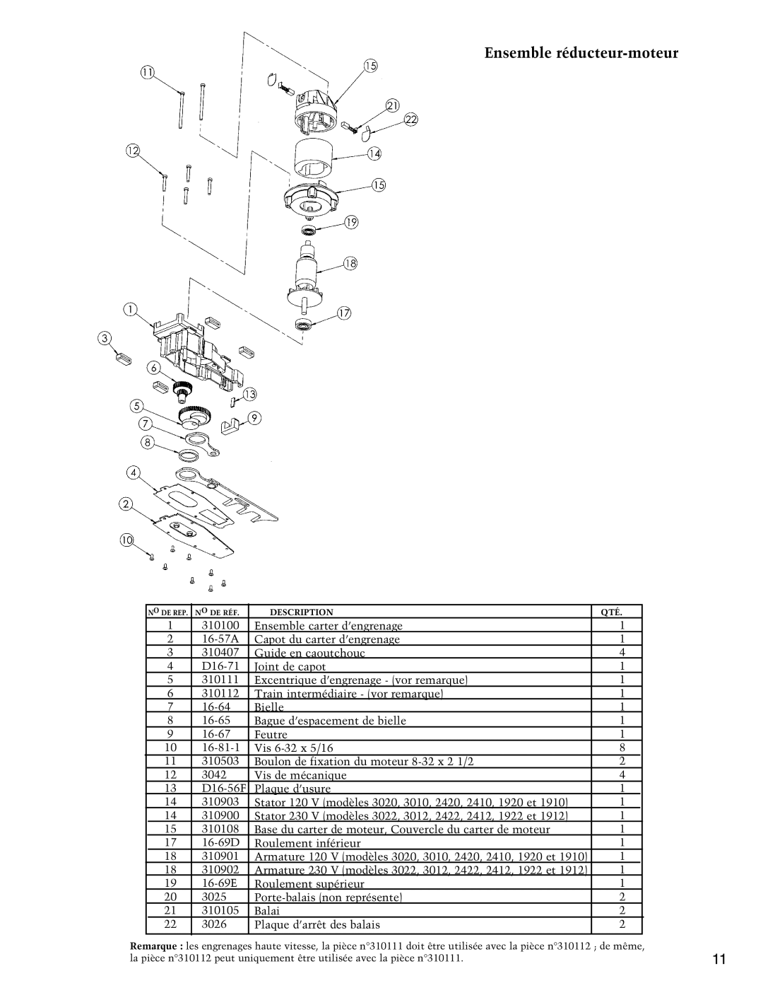 Little Wonder 3010, 3022, 2410, 2420, 1920, 3020, 2412, 1922, 1910, 2422, 3012, 1912 owner manual Ensemble réducteur-moteur 