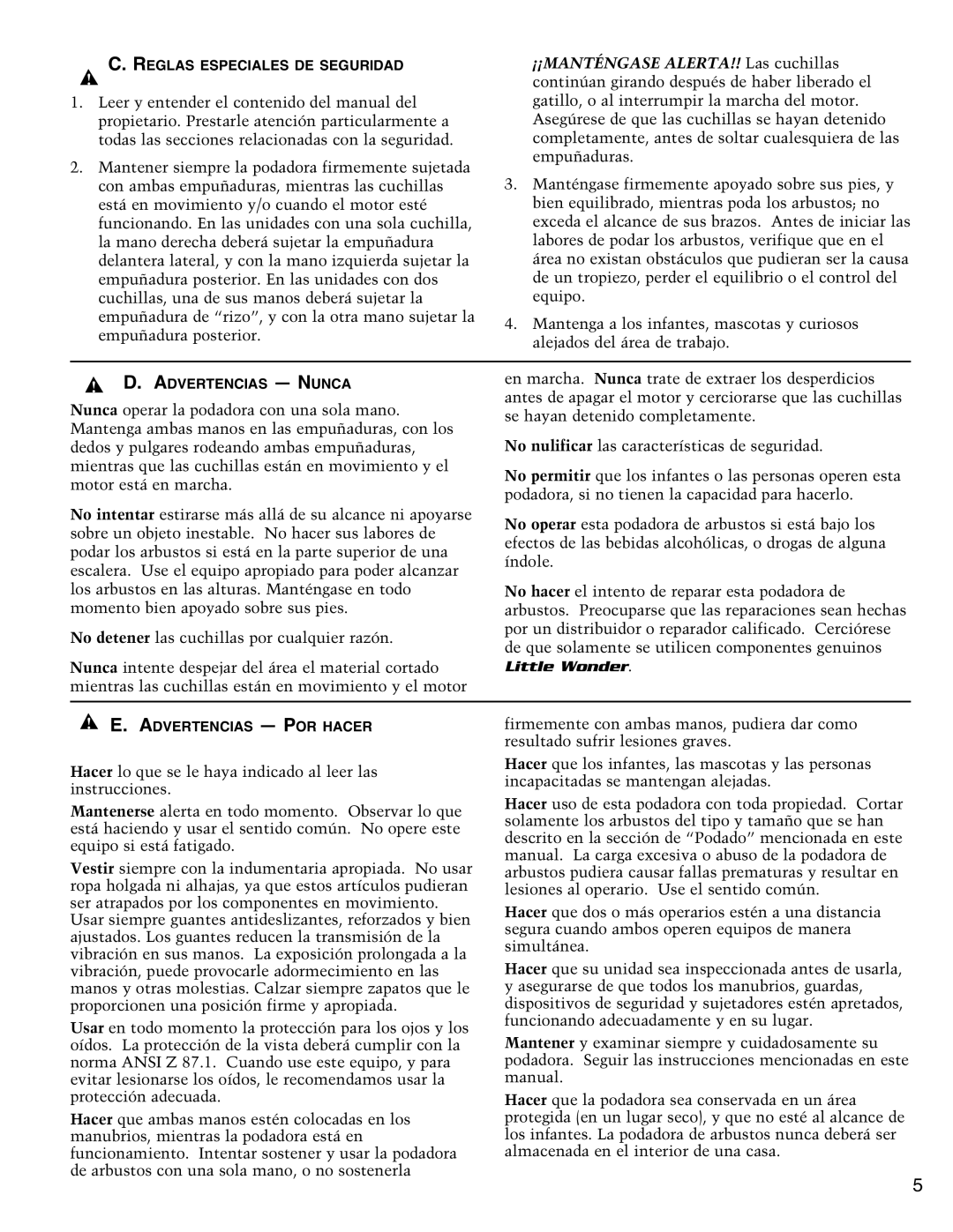 Little Wonder 2422, 3022, 3010, 2410, 2420, 1920 Reglas Especiales DE Seguridad, Advertencias Nunca, Advertencias POR Hacer 