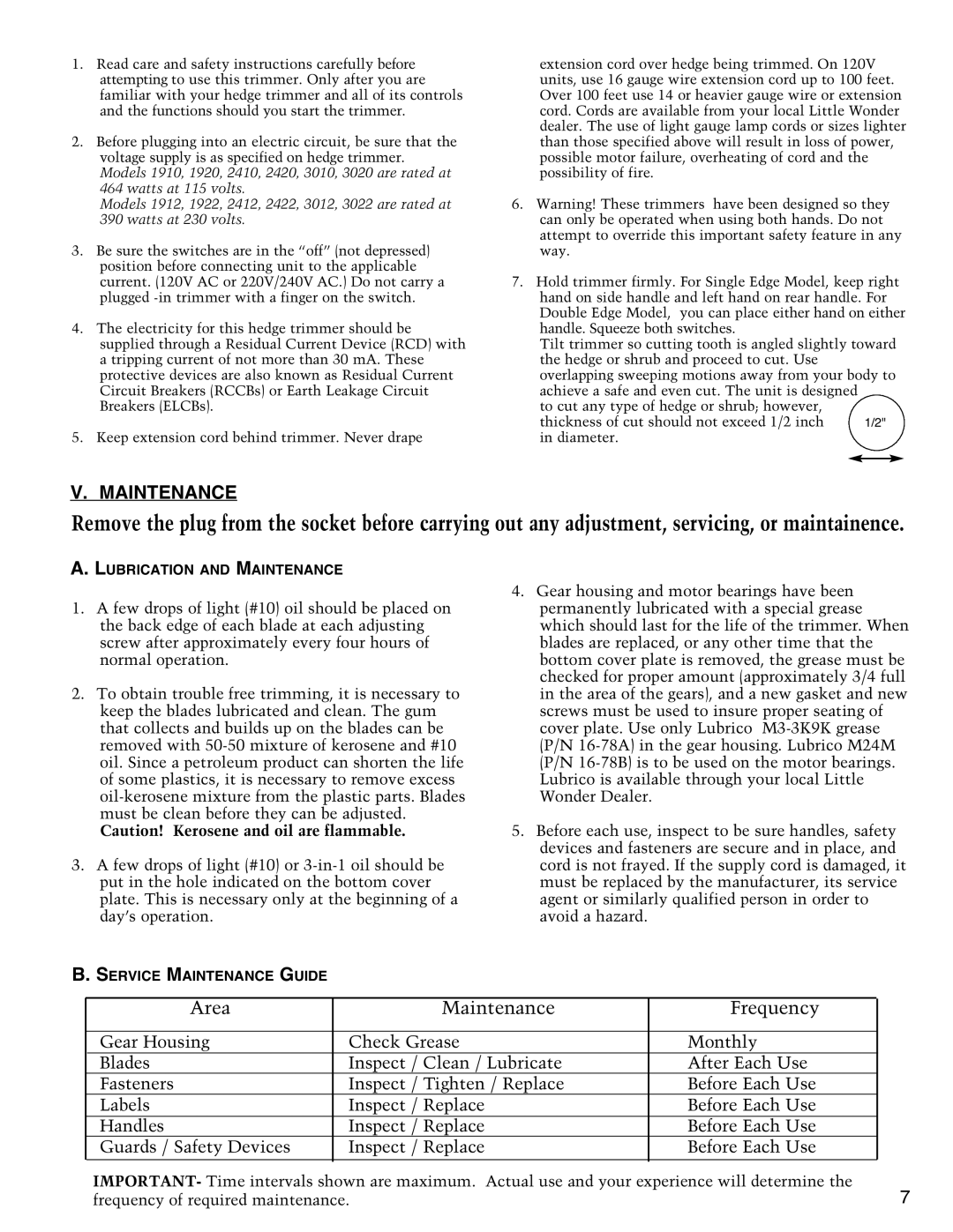 Little Wonder 1922, 3022, 3010, 2410 Area Maintenance Frequency, Lubrication and Maintenance, Service Maintenance Guide 