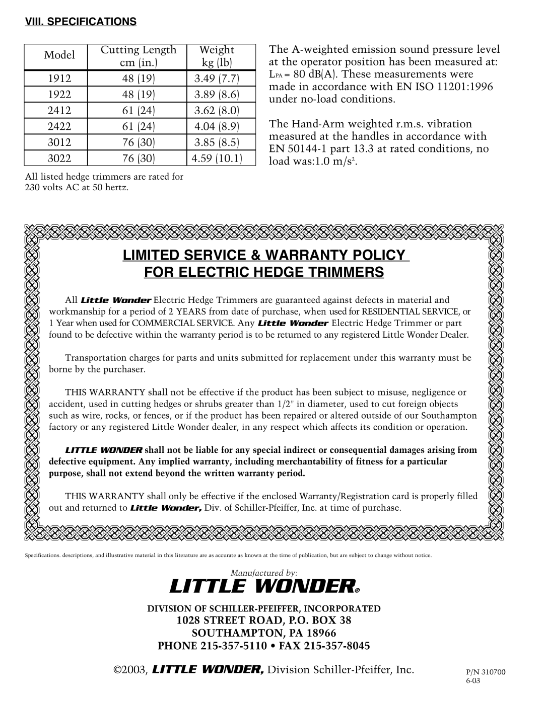 Little Wonder 2410 Little Wonder, Limited Service & Warranty Policy, For Electric Hedge Trimmers, Viii. Specifications 