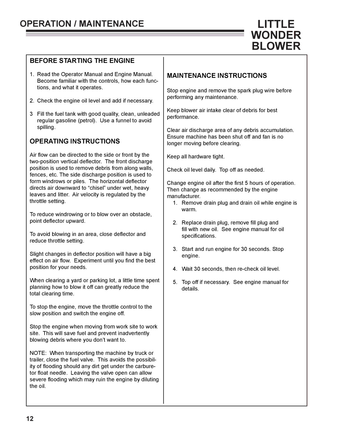 Little Wonder 3/1/2000, 4/1/1970, 3/1/1970 Operation / Maintenance, Before Starting the Engine, Operating Instructions 