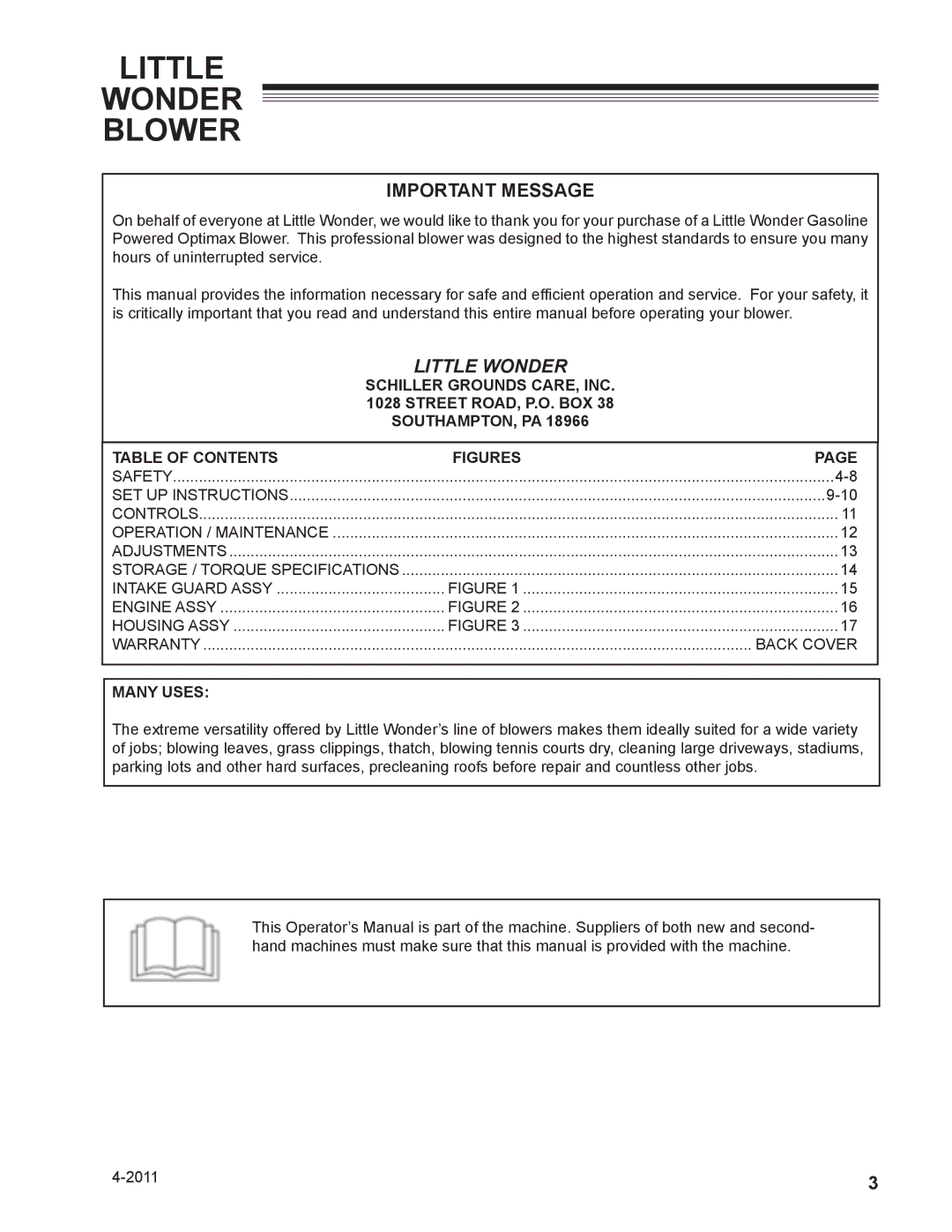 Little Wonder 2/1/1970, 4/1/1970, 3/1/1970, 3/1/2000, 2/1/1990 owner manual Important Message, Many Uses 