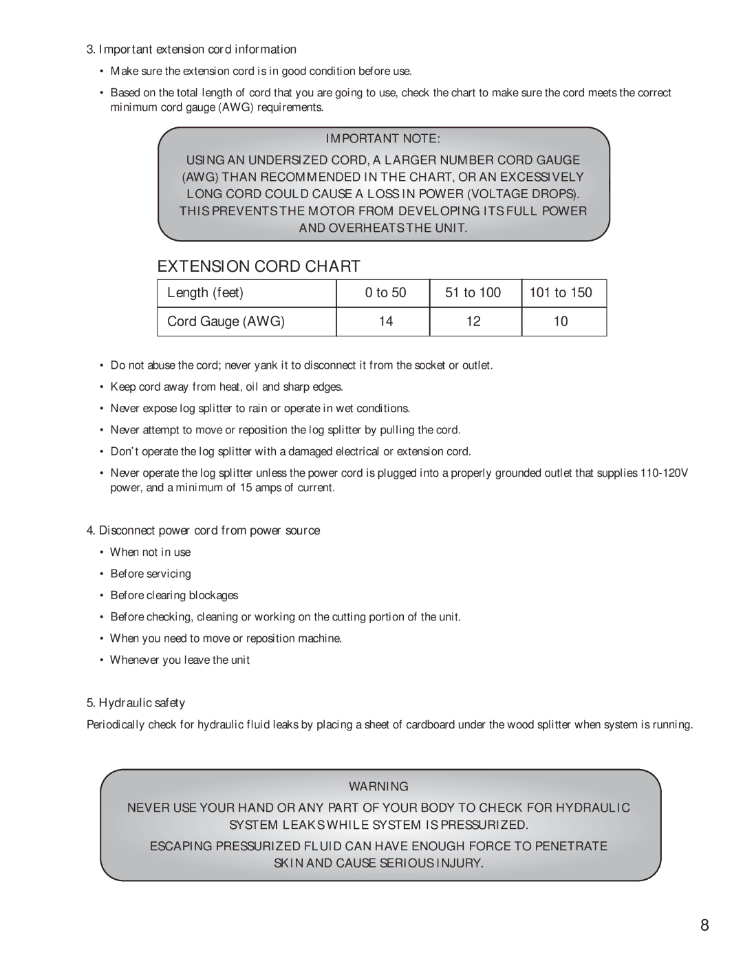 Little Wonder 5000 Important extension cord information, Disconnect power cord from power source, Hydraulic safety 