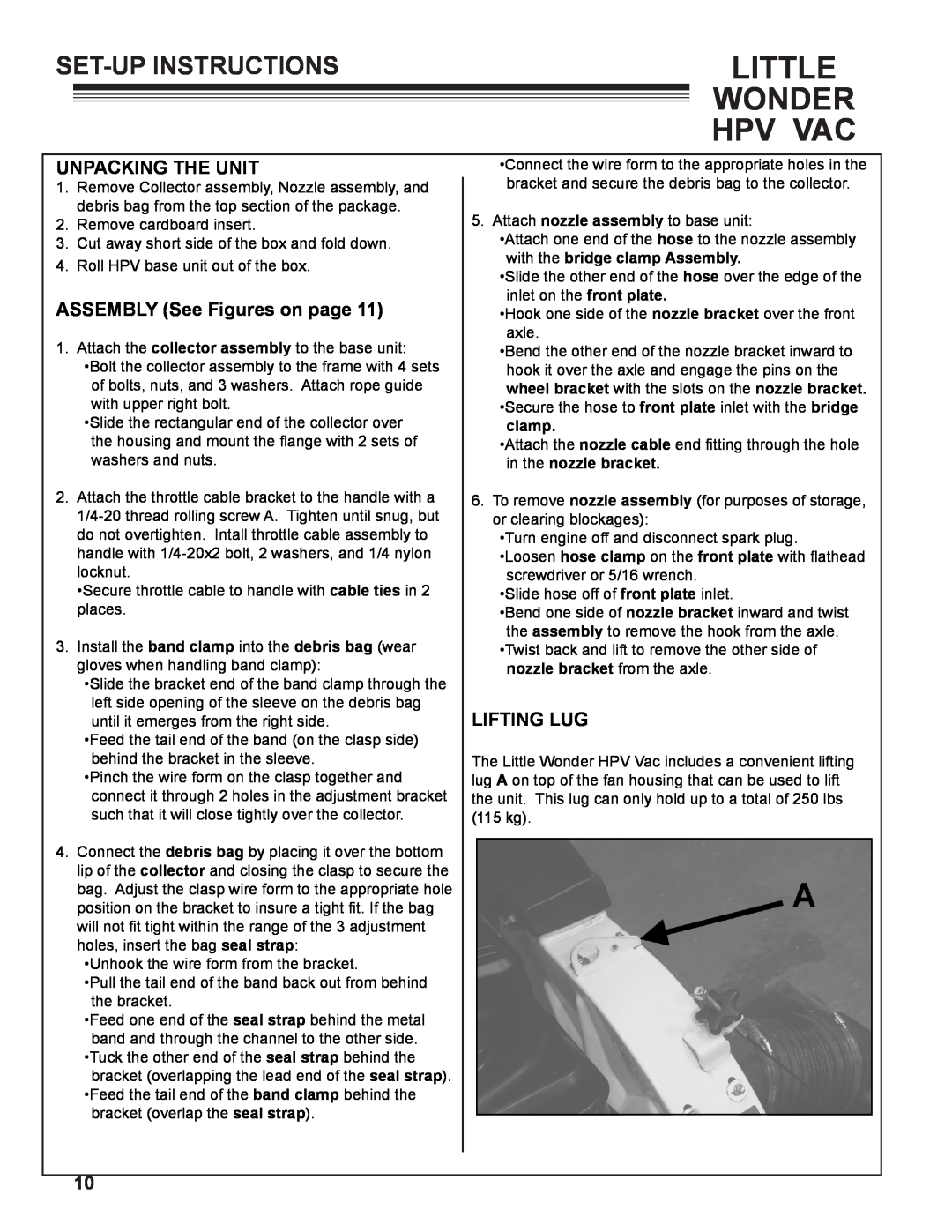 Little Wonder 5612-00-01 manual Set-Upinstructions, Unpacking The Unit, ASSEMBLY See Figures on page, Lifting Lug 