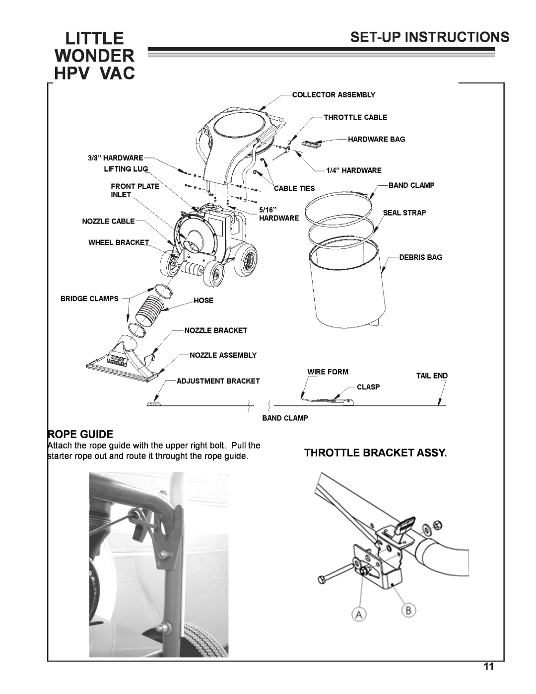 Little Wonder 5612-00-01 manual Rope Guide, Little Wonder Hpv Vac, Set-Upinstructions, Lifting Lug, Throttle Bracket Assy 