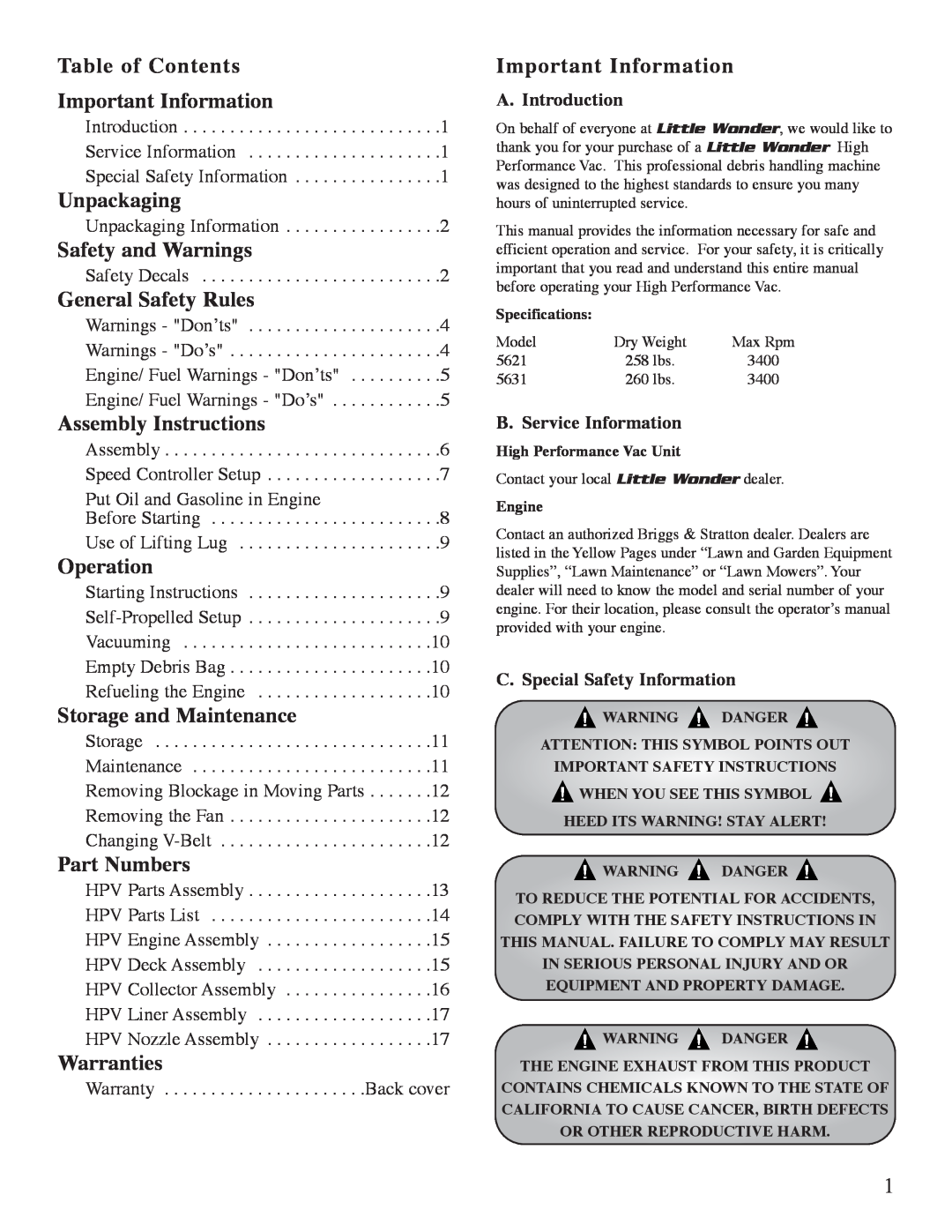 Little Wonder 5631, 5621 manual Table of Contents Important Information 