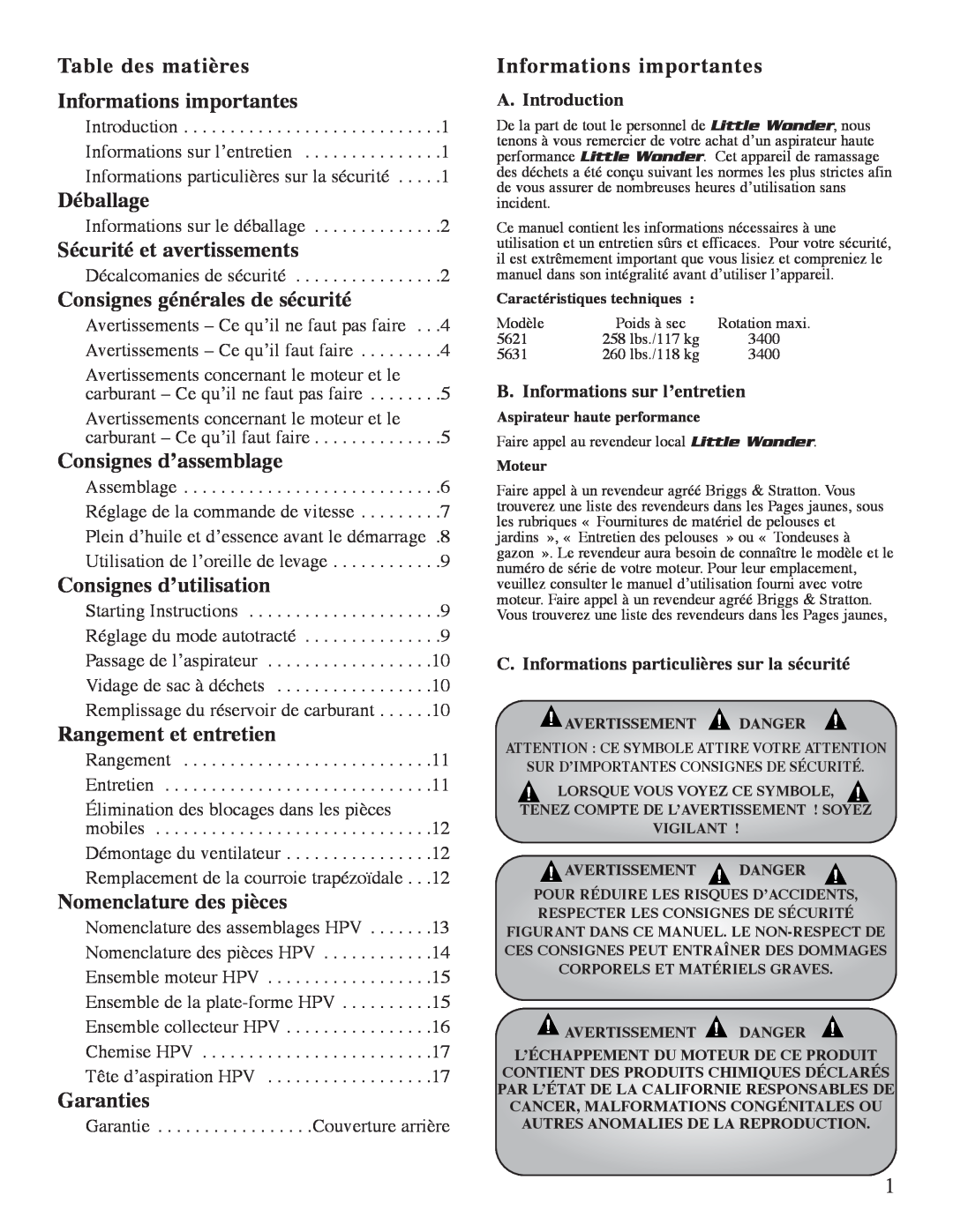 Little Wonder 5631, 5621 manual Table des matières Informations importantes 