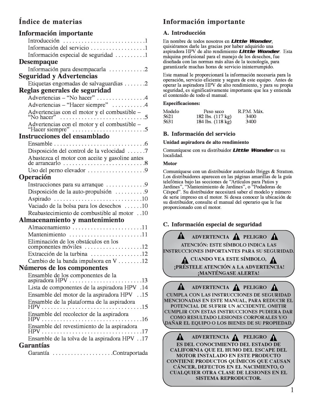 Little Wonder 5631, 5621 manual Índice de materias Información importante 