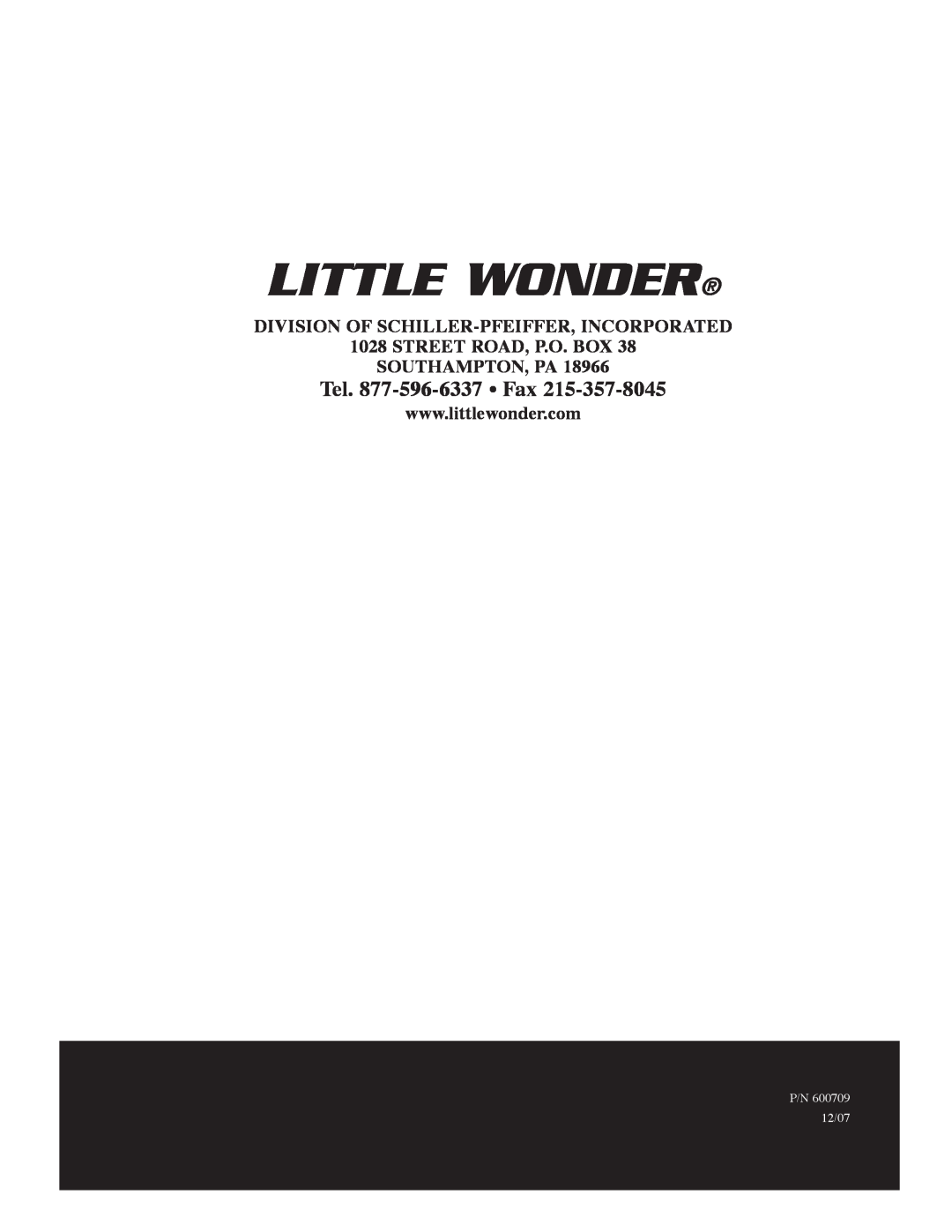 Little Wonder 5631 Little Wonder, Division Of Schiller-Pfeiffer,Incorporated, Street Road, P.O. Box Southampton, Pa, 12/07 