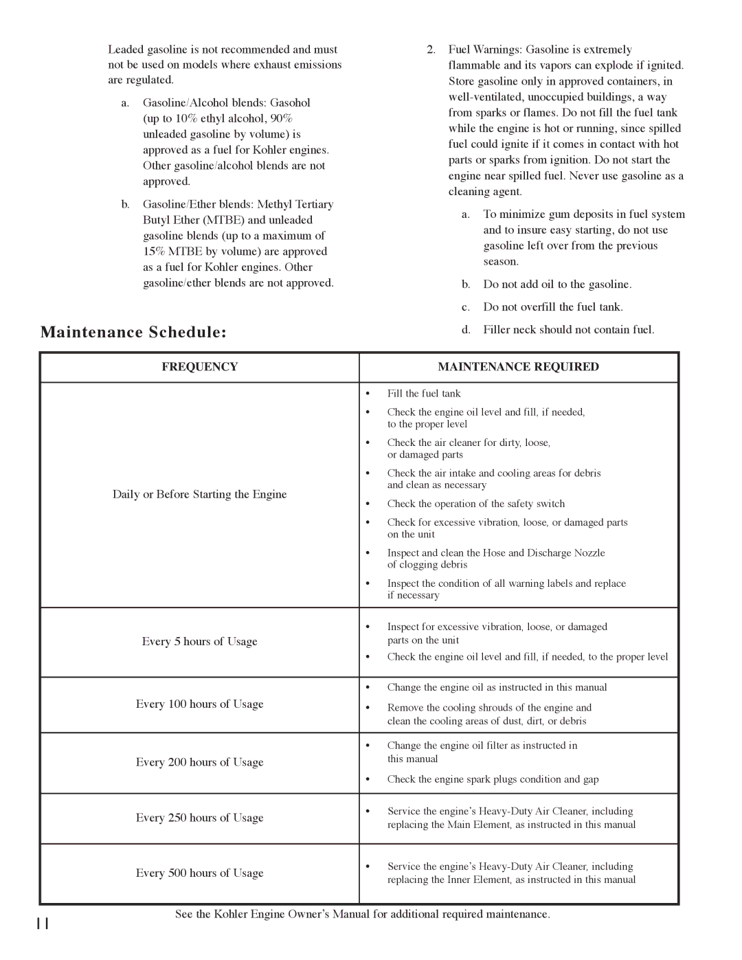 Little Wonder 8221, 8271 manual Maintenance Schedule, Frequency Maintenance Required 