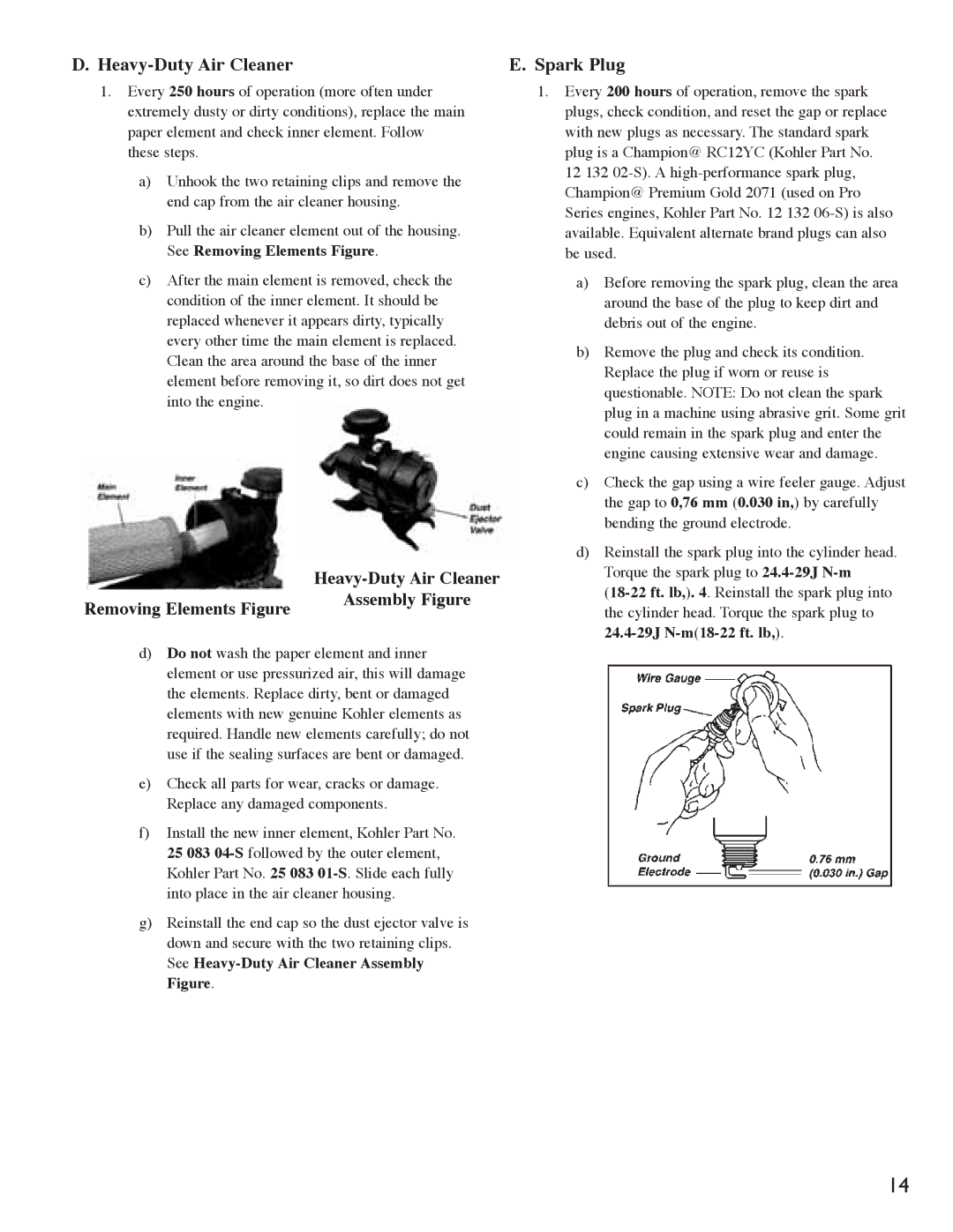 Little Wonder 8221, 8271 manual Heavy-Duty Air Cleaner Spark Plug, Removing Elements Figure 