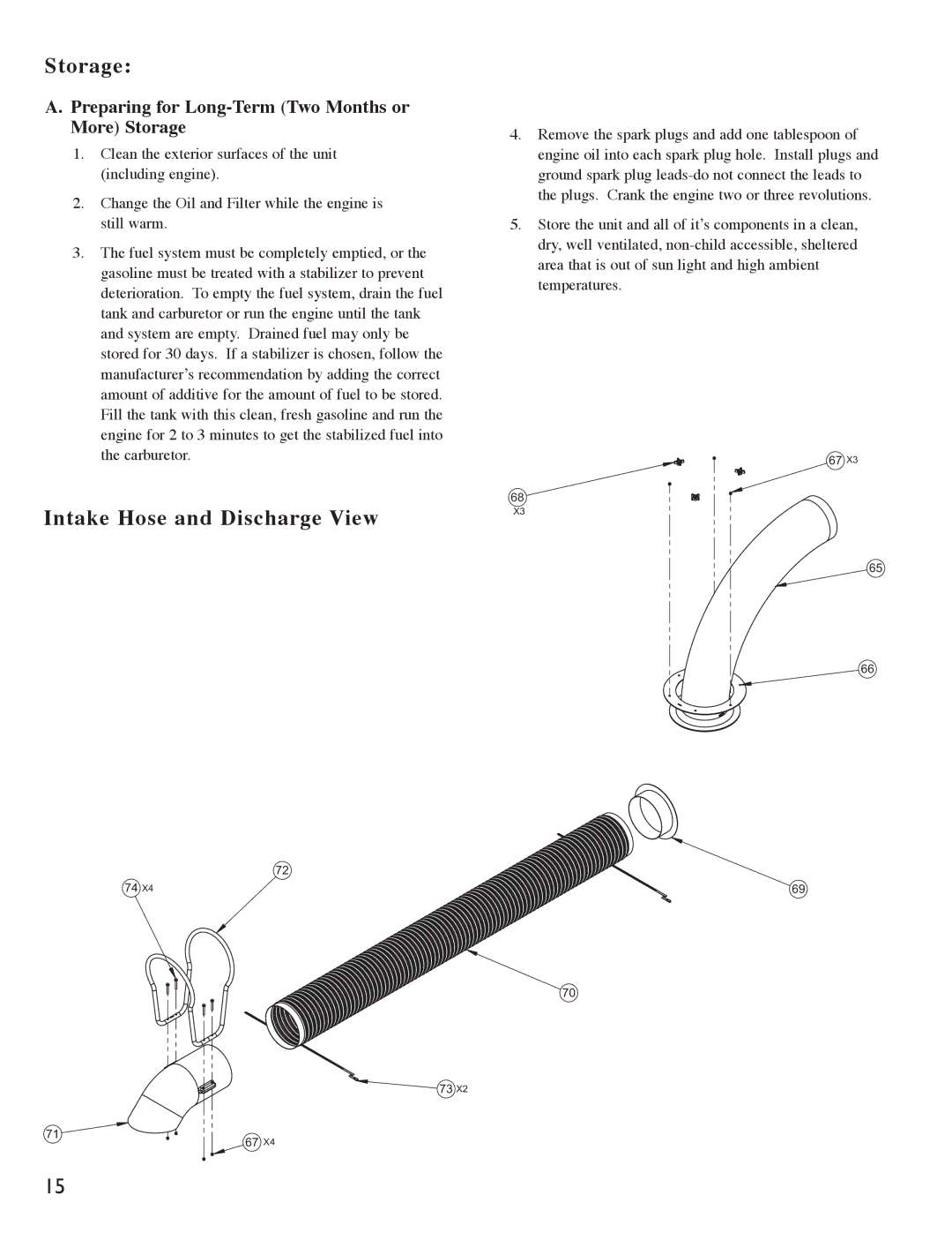 Little Wonder 8221, 8271 manual Intake Hose and Discharge View, Preparing for Long-Term Two Months or More Storage 