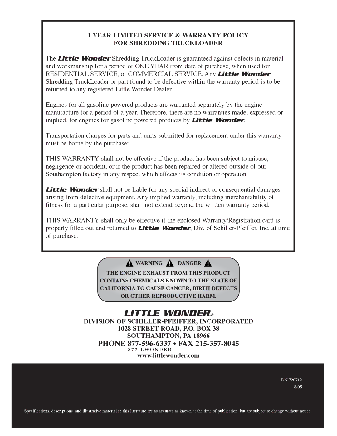 Little Wonder 8221, 8271 manual Little Wonder, Phone 877-596-6337 FAX 