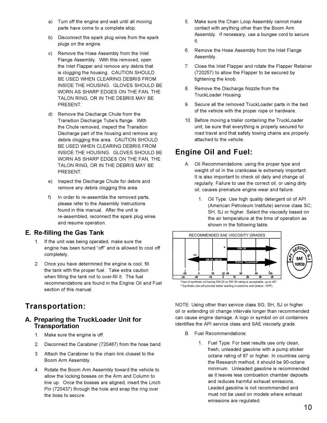 Little Wonder 8221, 8271 manual Engine Oil and Fuel, Transportation, Re-filling the Gas Tank 