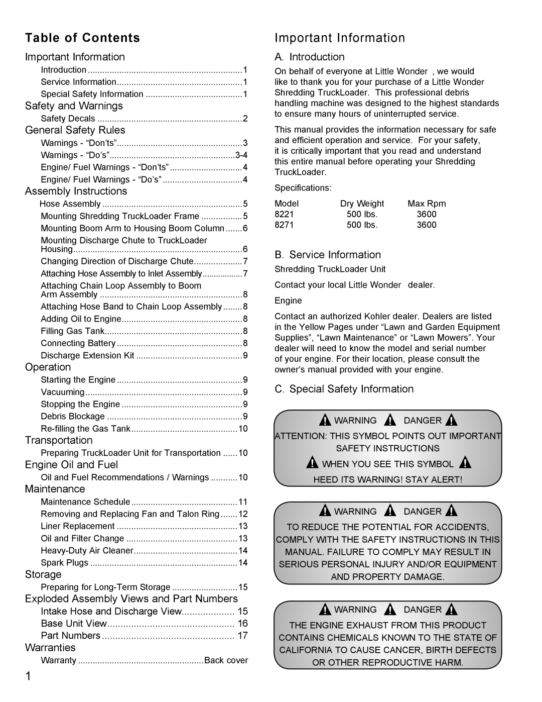 Little Wonder 8271, 8221 manual Table of Contents 