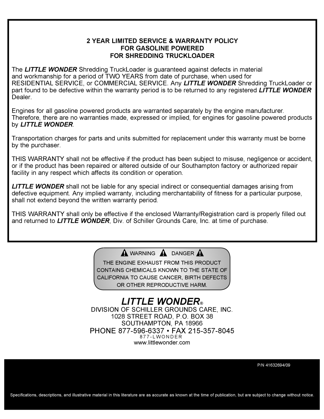 Little Wonder 8271, 8221 manual Phone 877-596-6337 FAX, Year limited Service & Warranty policy, For Shredding TruckLoader 