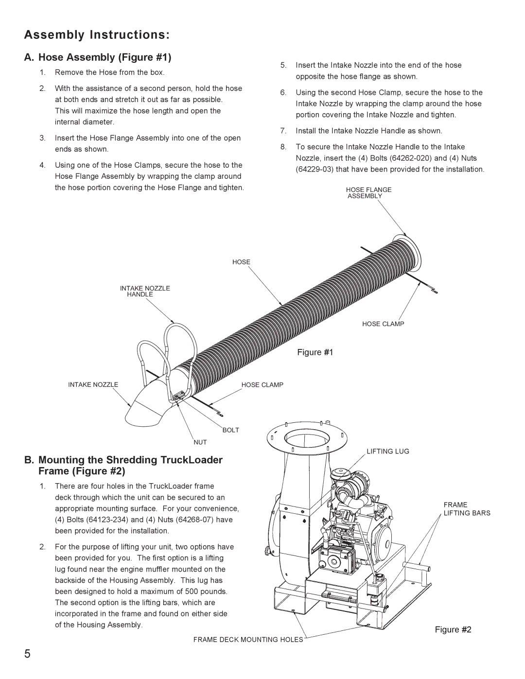 Little Wonder 8271 Assembly Instructions, Hose Assembly Figure #1, Mounting the Shredding TruckLoader Frame Figure #2 