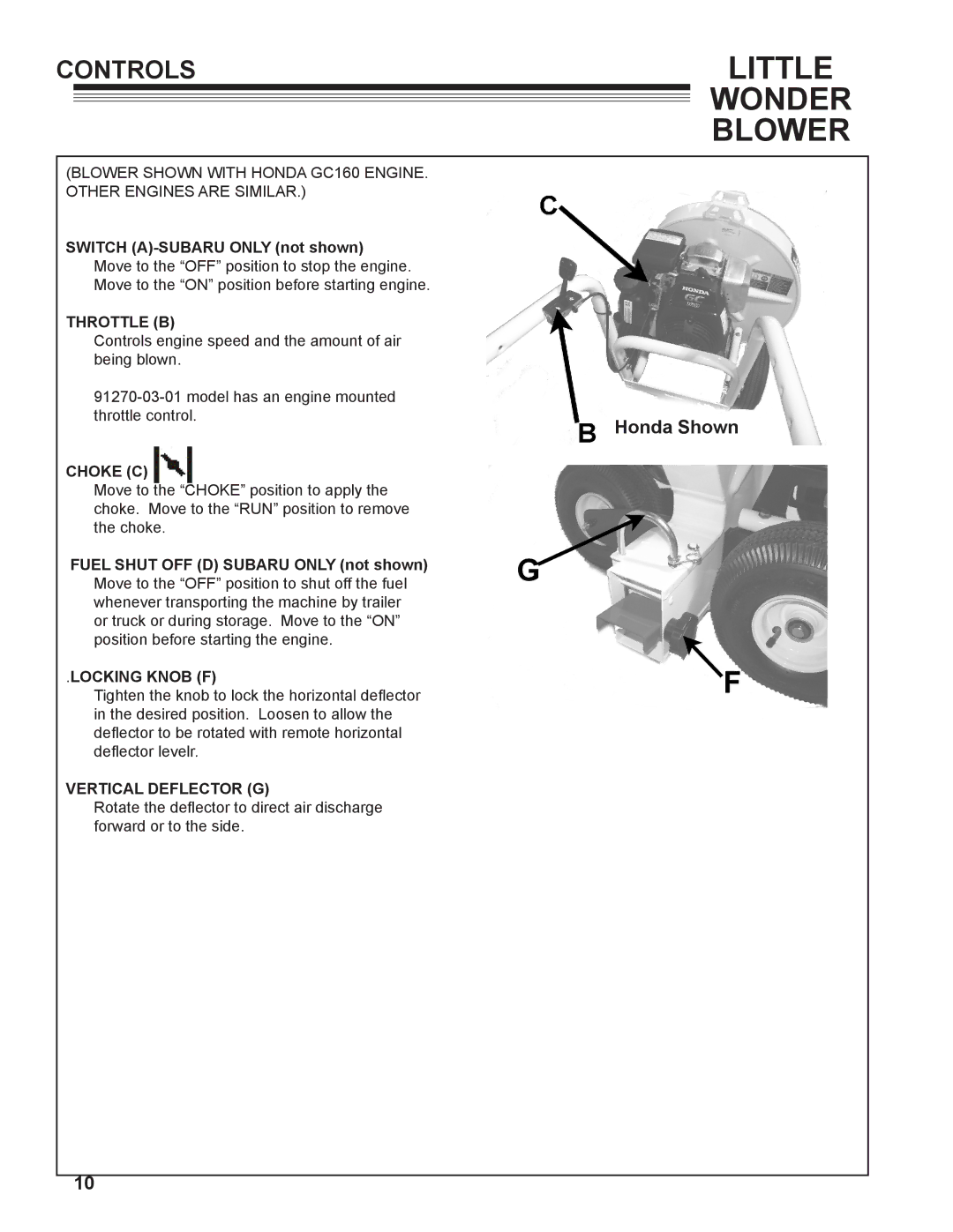 Little Wonder 91270-03-01, 2/1/1960 owner manual Controls, Throttle B, Choke C, Locking Knob F, Vertical Deflector G 