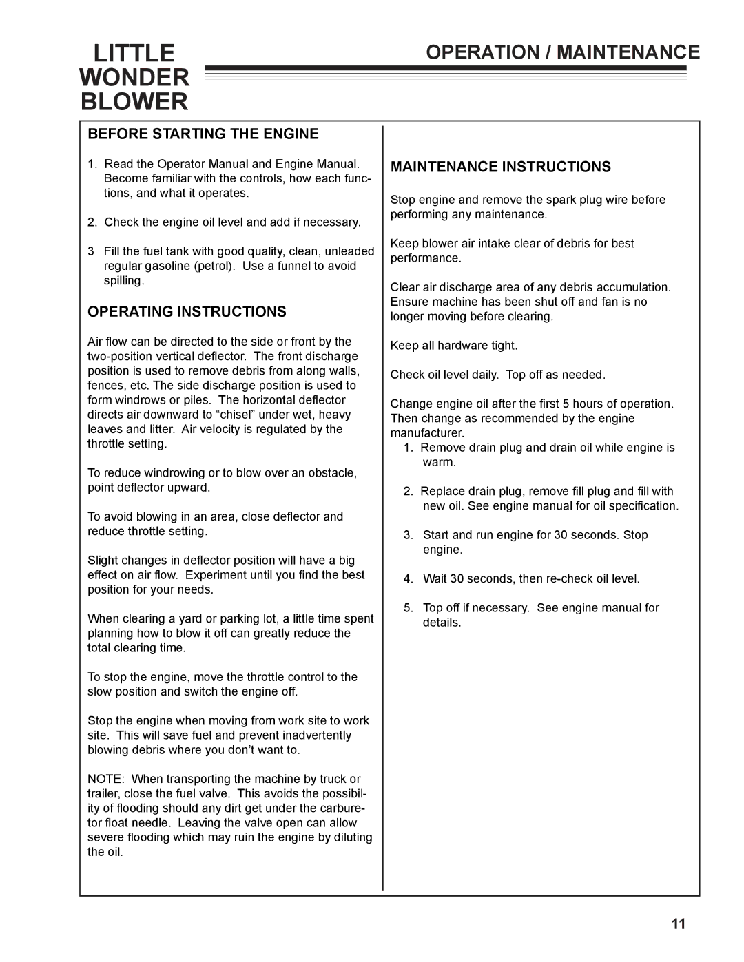 Little Wonder 2/1/1960, 91270-03-01 owner manual Operation / Maintenance, Before Starting the Engine, Operating Instructions 