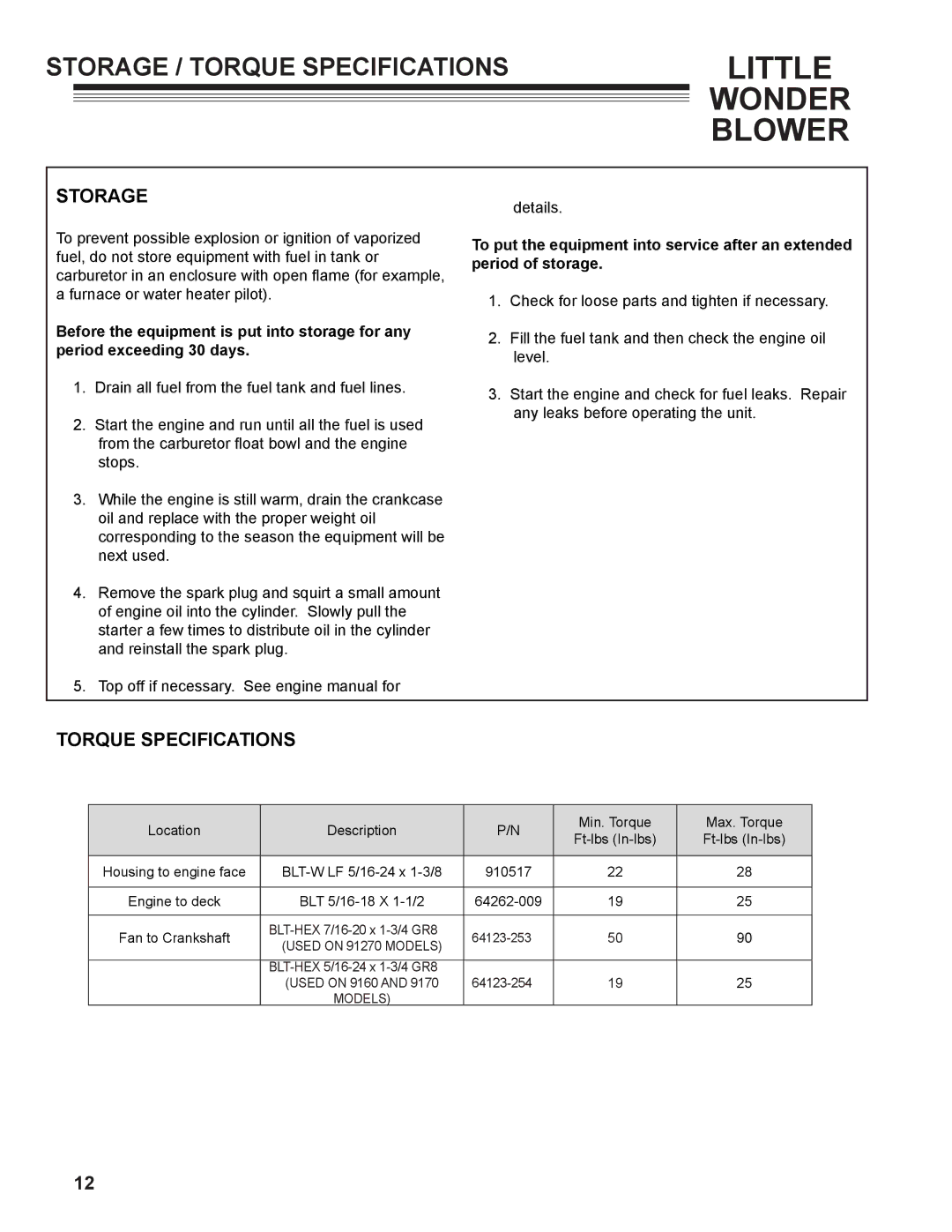 Little Wonder 91270-03-01, 2/1/1960 owner manual Storage / Torque Specifications 