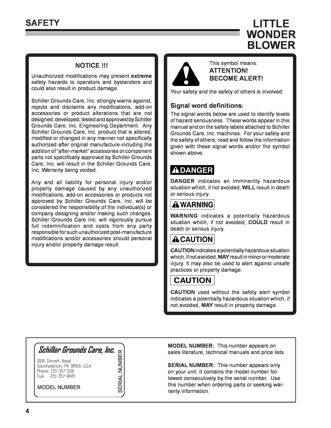 Little Wonder 91270-03-01 Safety, Become Alert, Signal word definitions, Little Wonder Blower, Schiller Grounds Care, Inc 