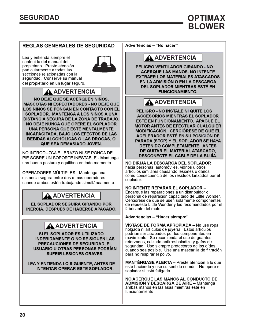 Little Wonder 9131-00-01 technical manual Reglas generales de seguridad, Advertencias No hacer 