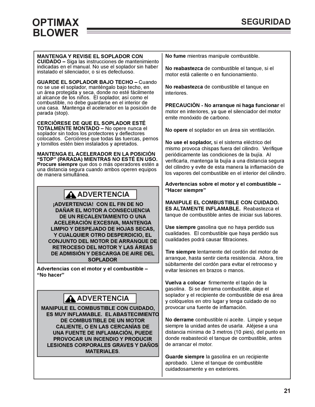 Little Wonder 9131-00-01 technical manual Advertencias con el motor y el combustible No hacer 