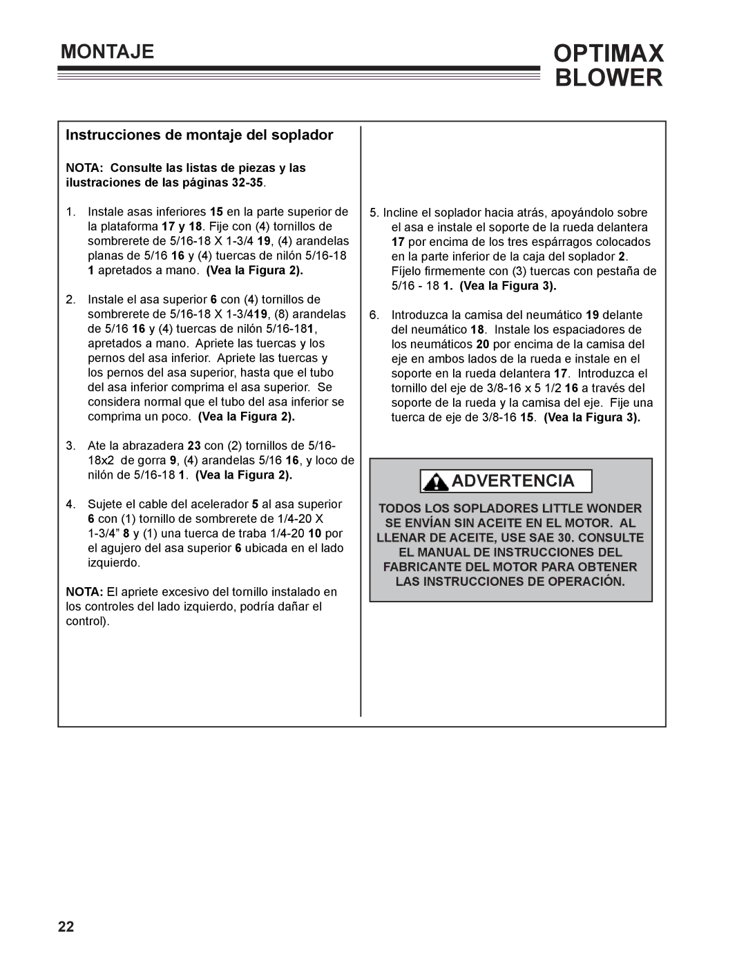 Little Wonder 9131-00-01 technical manual Montaje, Instrucciones de montaje del soplador, 16 18 1. Vea la Figura 