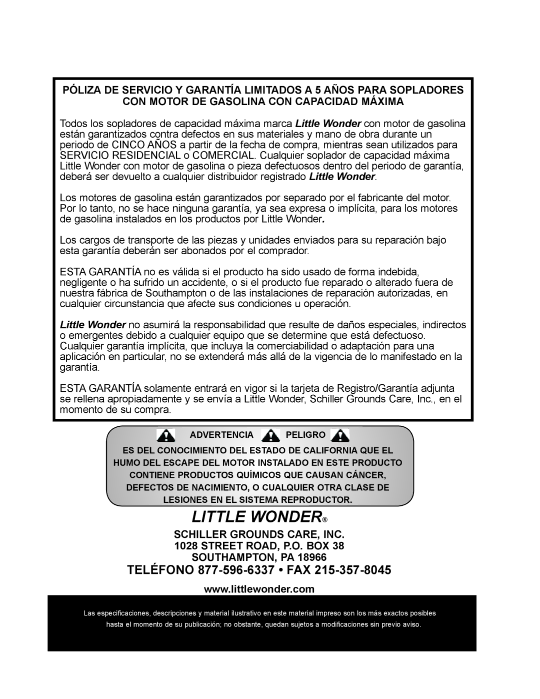 Little Wonder 9131-00-01 technical manual Teléfono 877-596-6337 FAX 