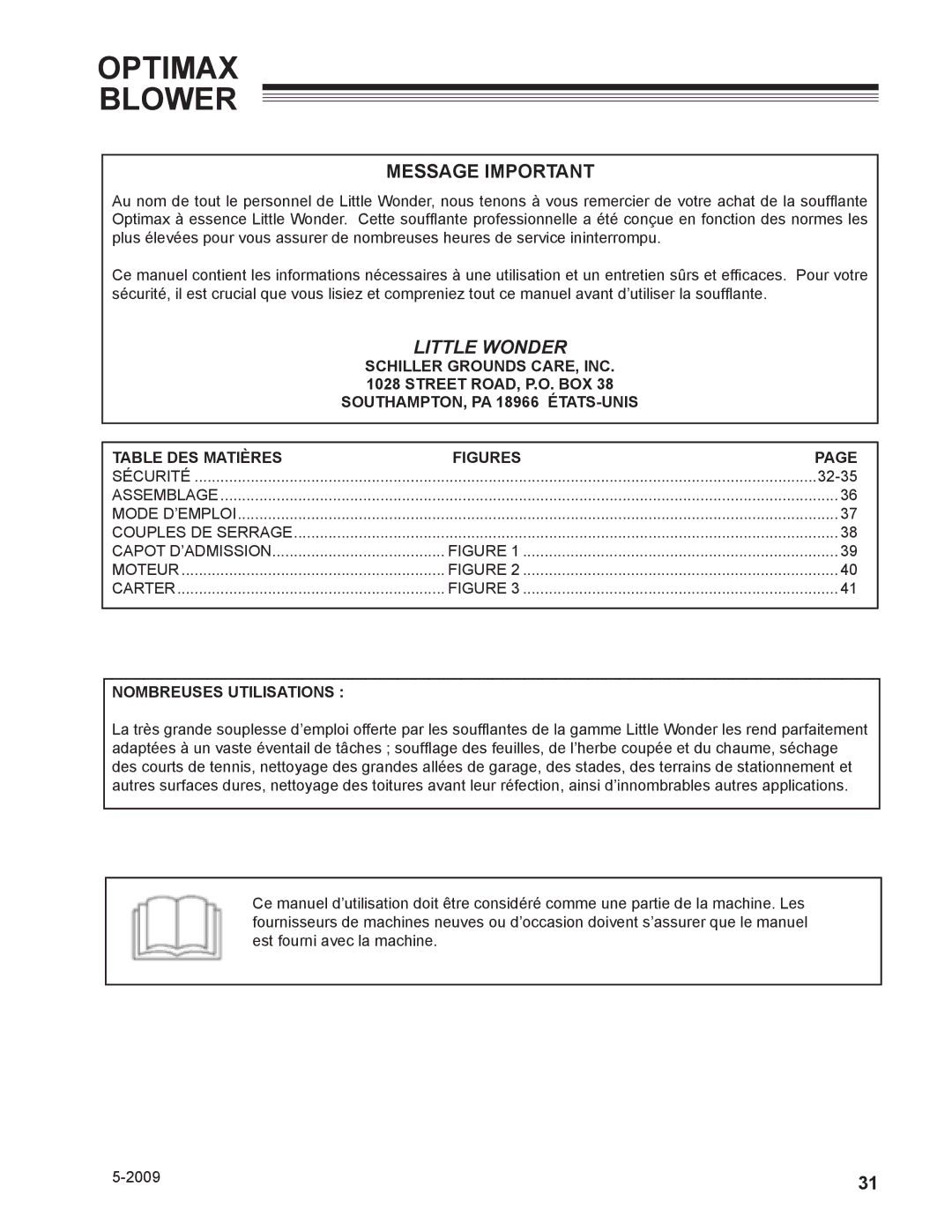 Little Wonder 9131-00-01 technical manual Message Important, 32-35, Nombreuses Utilisations 