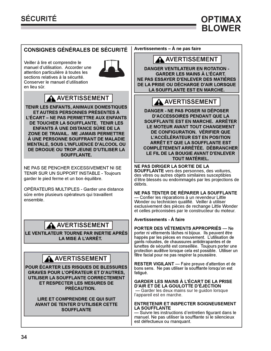 Little Wonder 9131-00-01 Consignes générales de sécurité, LE Ventilateur Tourne PAR Inertie Après LA Mise À L’ARRÊT 