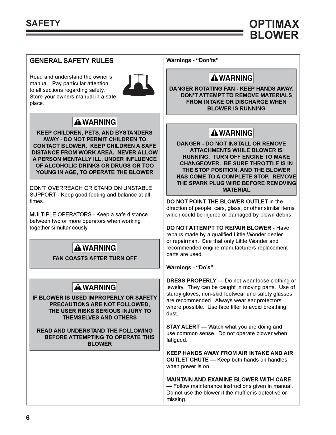 Little Wonder 9131-00-01 technical manual General Safety Rules, Maintain and Examine Blower with Care 