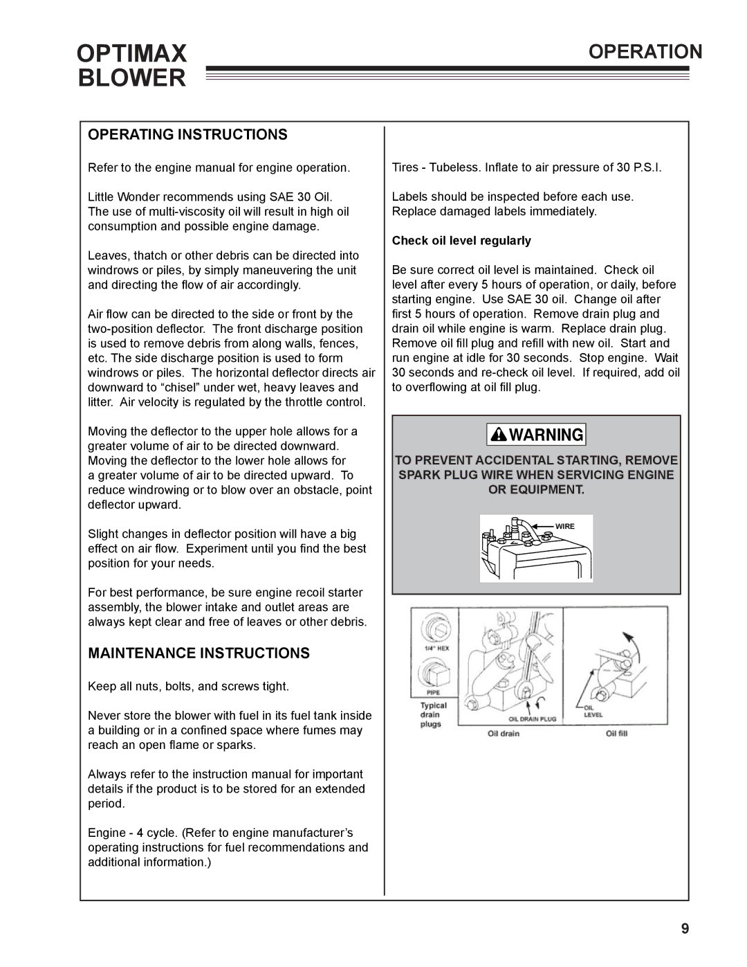 Little Wonder 9131-00-01 Operation, Operating Instructions, Maintenance Instructions, Check oil level regularly 